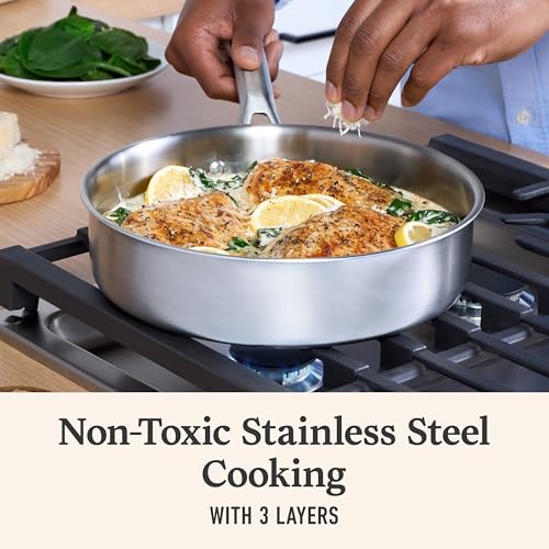 Calphalon 3-Quart Stainless Steel Sauté Pan with Lid - Brushed Finish, Oven Safe 450°F