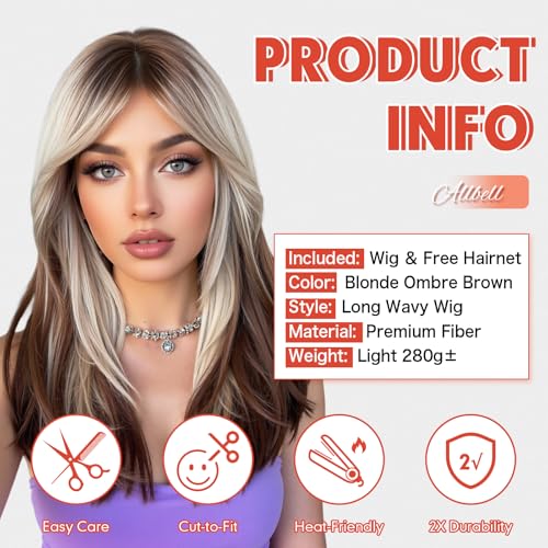 Allbell Blonde Brown Ombre Long Straight Wig with Bangs for Women - 24 Inch, Heat-Resistant Synthetic Hair