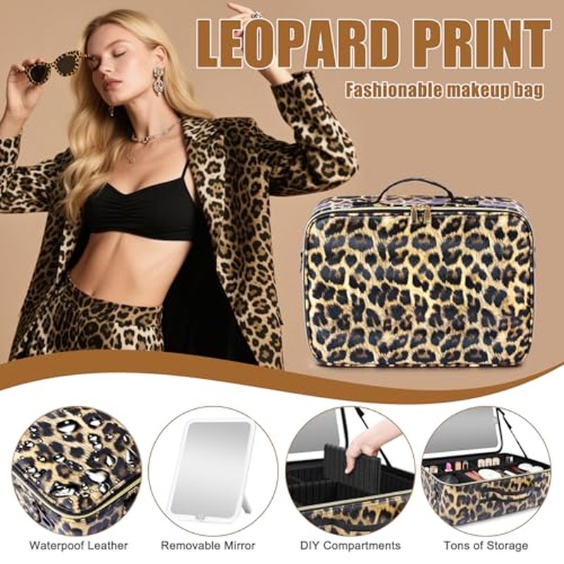 15''X11'' Large Makeup Bag with Removable Lighted Mirror, Professional Travel Make up Bag with Mirror and Light Cosmetic Train Case Organizer, PU Leather with Adjustable Dividers & Brush Storage Board
