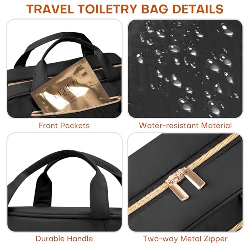 Hanging Toiletry Bag for Women Travel - Large Black Waterproof Cosmetic Organizer with 4 Compartments & Rotating Hook
