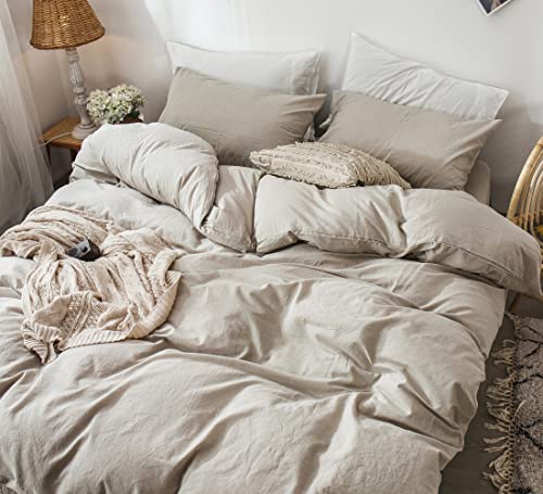 MooMee King Duvet Cover Set - Heathered Tannish Linen Grey | Washed Cotton Bedding