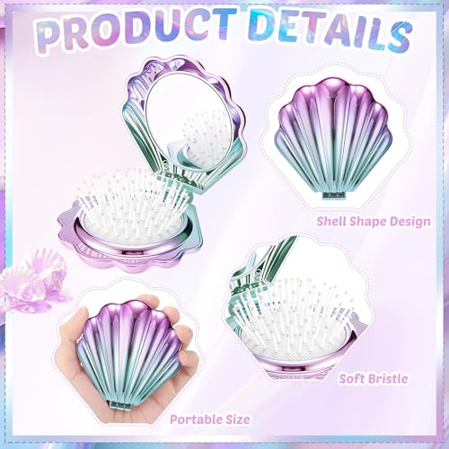 12 Pcs Mermaid Shell Hair Brush with Mirror - Gradient Color, Travel Foldable