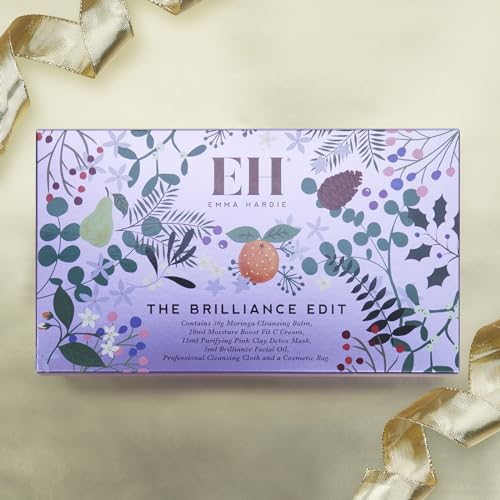 Emma Hardie Brilliance Holiday Gift Set with Moringa Cleansing Balm, Reusable Cleansing Cloths, Vitamin C Cream, Purifying Pink Clay Mask and Brilliance Facial Oil, With Cosmetic Bag, Travel Size