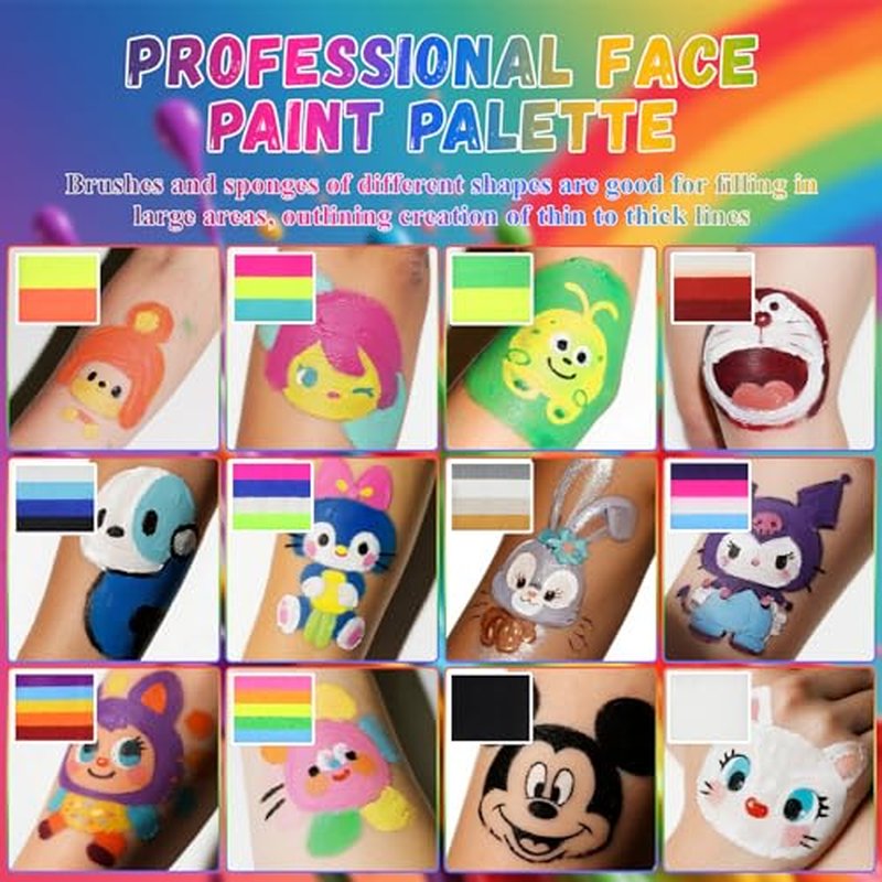 Face Paint Kit for Adults ? 12 Color Rainbow Split Cake Face Painting Kit with 4 Brushes, Water Activated Face Paint Palette, Professional Facepaint Makeup Set for Halloween Cosplay Parties