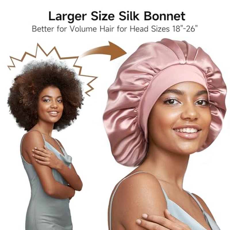2 Pack 22 Momme 100% Real Mulberry Silk Bonnet for Sleeping Women Pink and Black + Purple
