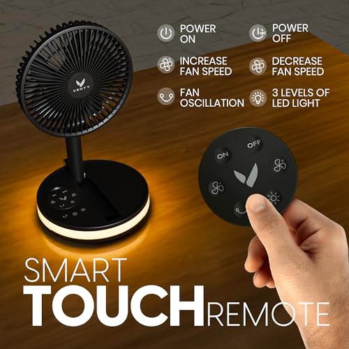 VENTY Black Portable Fan with Remote - Wireless Battery Operated Oscillating Fan with LED Lights, 4 Speeds & USB-C Power Bank