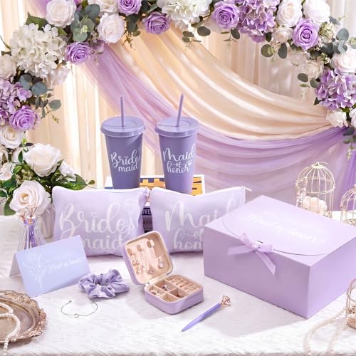 Purple Bridesmaid Proposal Gift Set for Bridesmaids & Maid of Honor with Straw Cups, Jewelry & Accessories - Variation: Purple