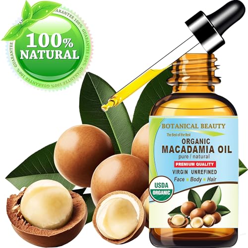 Botanical Beauty Organic MACADAMIA OIL 100% Pure Natural VIRGIN UNREFINED Cold-Pressed Carrier Oil for Face, Skin, Body, Hair, Lip, Nails. Rich in Vitamin E (1 Fl Oz)