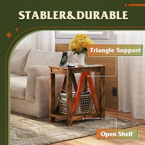 Farmhouse End Table with Charging Station - Rustic Brown, Narrow Side Table for Small Spaces