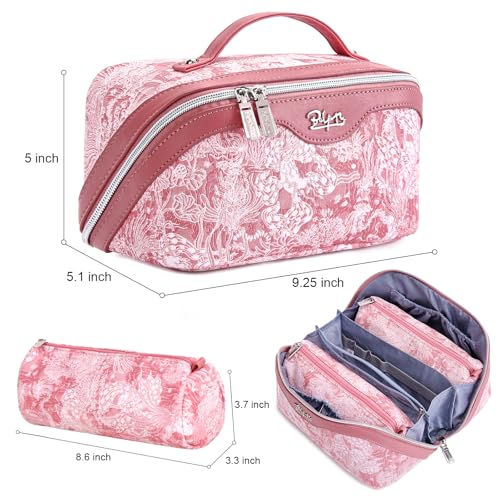 BOYATU Travel Makeup Bag for Women: Large Capacity Make up Bag with Compartments - Vegan Leather Cosmetic Bag set of 3 - Waterproof Toiletry Bag with Handle & Divider(E-4-Pink)