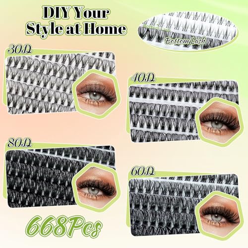 Eyelash Clusters Kit With Bottom Lashes 30+40+60+80D Lashes 668 Pcs Natural Wispy Lash Clusters Eyelash Extension Kit 5-16MM D Curl Lash with Bond and Seal Remover Tweezer for DIY at Home
