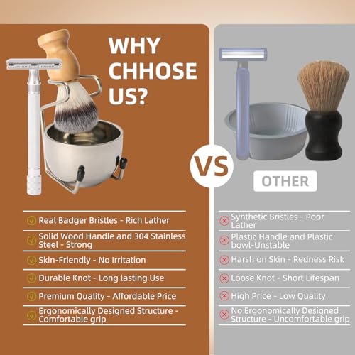 Badger Hair Shaving Brush with Wood Handle,Double Edge Safety Razor,Stainless Steel Shaving Stand and 3 Layers Shaving Bowl Perfect for Men Gift