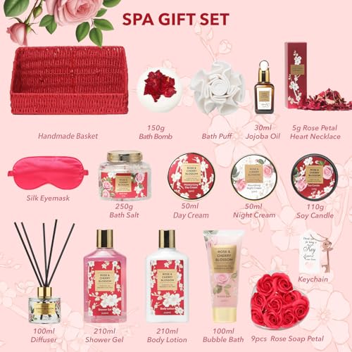 LILY ROY Rose Cherry Spa Gift Set for Women - 25-Piece Skin Care & Relaxation Collection
