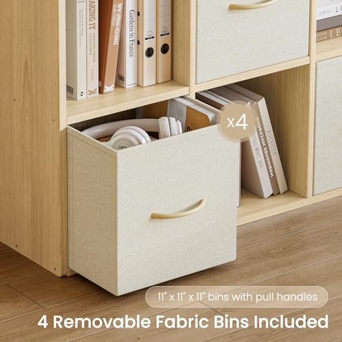 EXPERLAM 8 Cube Storage Organizer with 4 Fabric Bins - Solid Wood Bookcase, Vertical or Horizontal Use