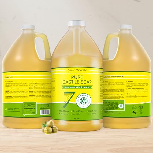 Unscented Seven Minerals Pure Castile Soap - Gentle Liquid Hand & Body Wash, 64 Fl Oz