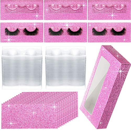 Maitys 50 Sets Empty Eyelash Case Set, Include 50 Empty Eyelash Box Lash Box Packaging Eyelash Storage Box, 50 Eyelash Box Tray False Eyelash Storage Box Tray, 50 Internal Background Paper (Pink)