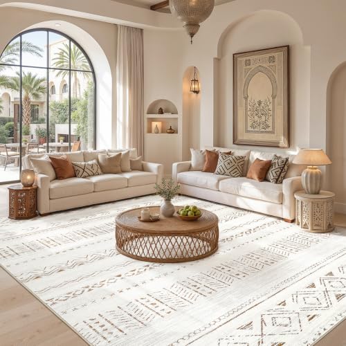 Cotiled Boho 8x10 Area Rug - Washable Moroccan Style with Neutral Light Brown/Cream