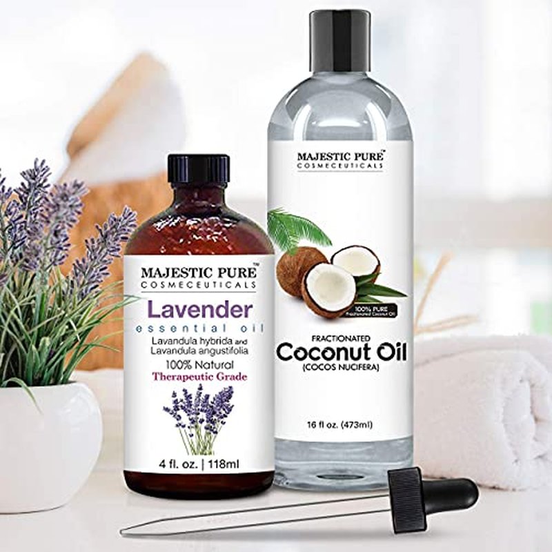 Lavender Essential Oil and Fractionated Coconut Oil Bundle by Majestic Pure - Great Combo Pack for Aromatherapy, Massage and Topical Uses
