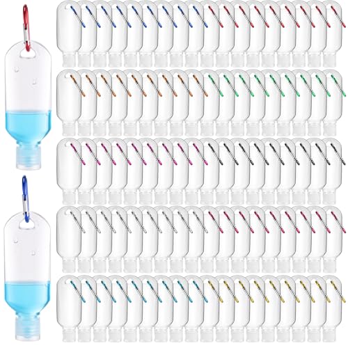 150 Pcs Traveling Bottles with Keychain 2oz Clear Plastic Hand Sanitizer Holder Keychain Empty Refillable Liquid Packing Container Squeeze Plastic Bottle with Lid,Rectangle
