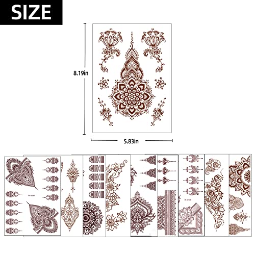 10 Pcs Henna Tattoo Kit Temporary Tattoo Adul Stickers Lace Pattern Fake Tattoos Henna Sticker for Women Girls DIY on Body Face Arms Legs Brown
