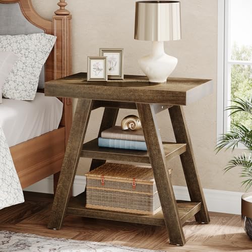 Tribesigns Farmhouse End Table with 3 Open Shelves - Distressed Brown