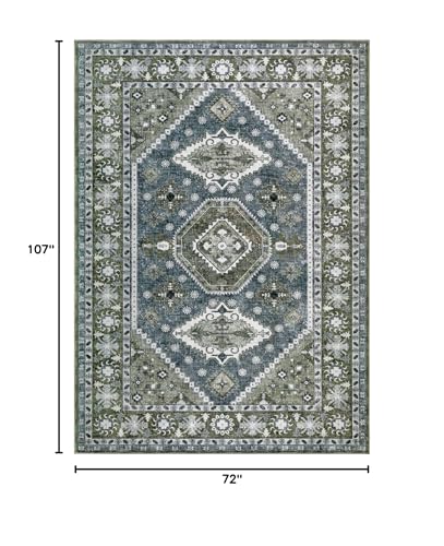 8'11" x 6' Green & Blue Boho Floral Washable Area Rug for Living Room - Vintage Distressed Non-Slip Carpet