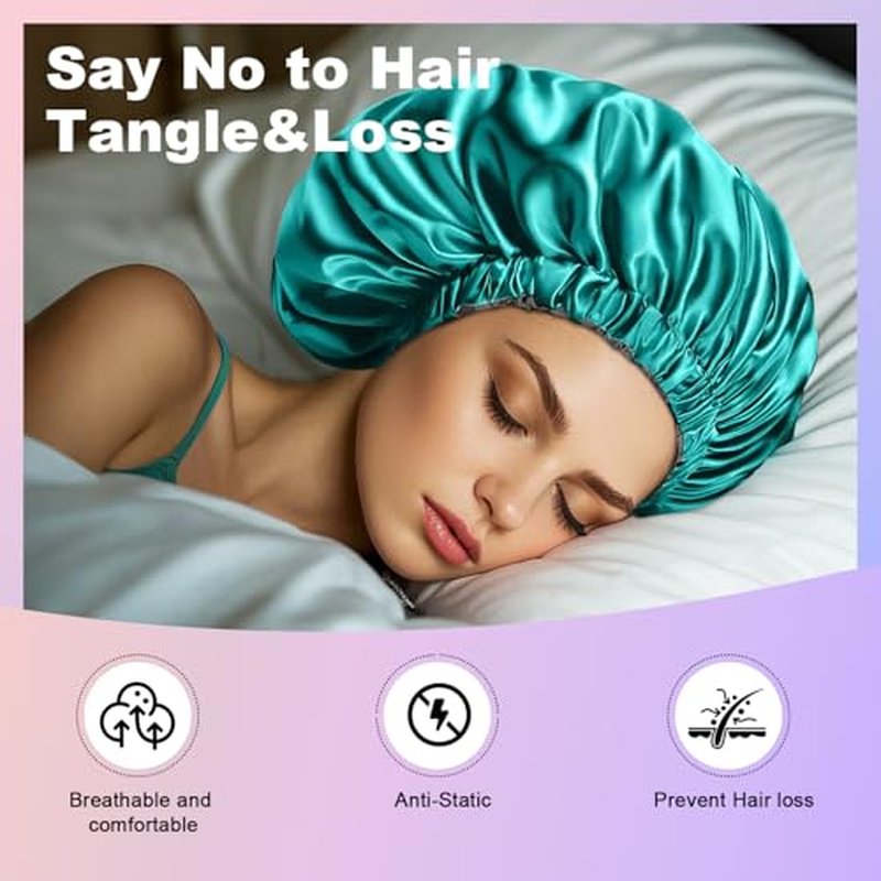 2PCS Silk Sleeping Bonnet£¬Double Layer Satin Bonnet for Women£¬Adjustable Silk Hair Cap, Shower Cap, Ideal Gift (Black+Blue)