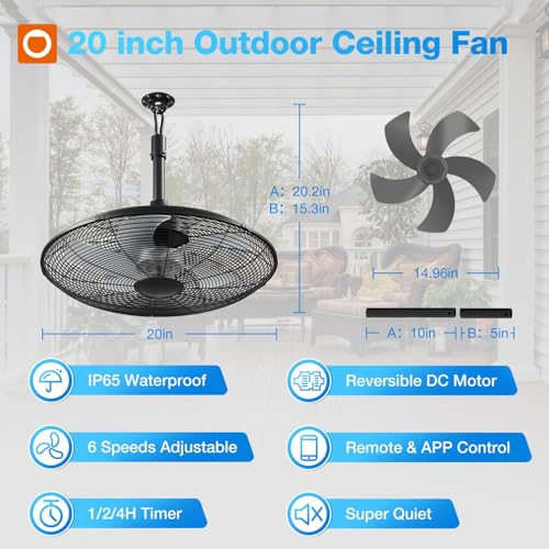Outdoor Ceiling Fan 20 Inch IP65 Waterproof with Remote & App Control - Black