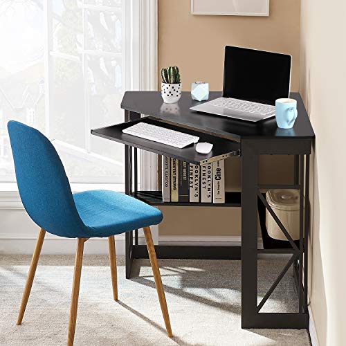 VECELO Corner Computer Desk 41 x 30 Inches with Keyboard Tray & Storage Shelves - Black
