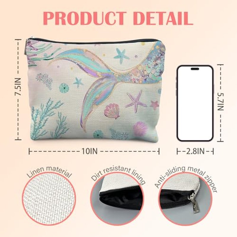 Mermaid Gifts for Women Girl, Mermaids Tail Makeup Bag Cosmetic Bag for Purse, Ocean Beach Coastal Makeup Zipper Pouch