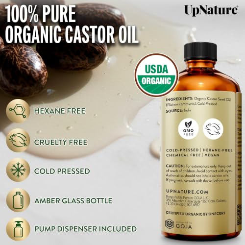 UpNature Organic Castor Oil 16oz - Cold Pressed, Hexane-Free, Glass Bottle & Pump Dispenser