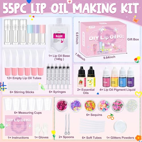 DIY Lip Gloss Kit with Lip Oil Base Pigments & Flavors - Moisturizing Lipgloss Set for Women & Girls