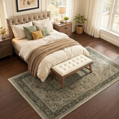 6x9 Foot Brown & Olive Green Vintage Medallion Area Rug - Non-Slip Washable Low Pile for Living Room & Bedroom - Modern Distressed Carpet