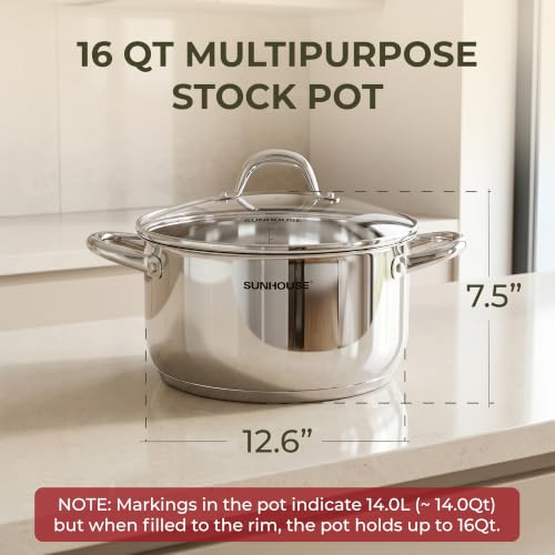 16 Quart Stainless Steel Stock Pot with Lid - Multi-Ply Base, Durable Cooking Pot