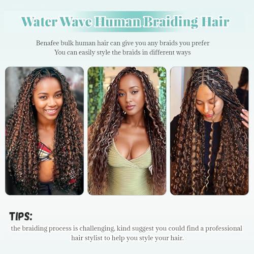 Benafee 16 Inch Water Wave Human Braiding Hair #1B/30 Ombre No Weft Boho Braid Bulk