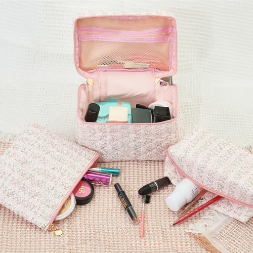 Pink Floral Quilted Makeup Bag Set - 3PCS Cosmetic Travel Organizer for Women & Girls - Variation of Pink Floral