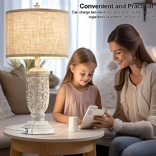 Fullarge 27.5-inch Cream/Oatmeal Farmhouse Table Lamps Set of 2 with USB Ports
