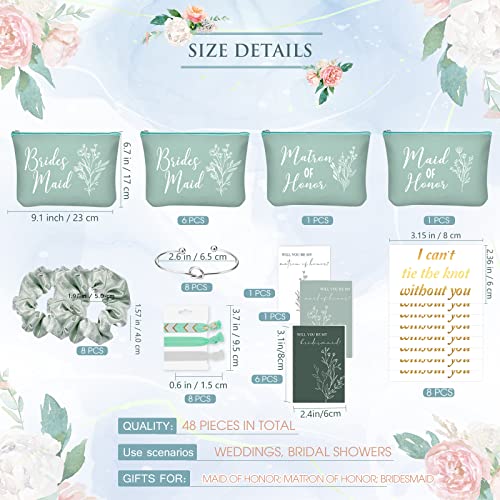 Cunno 48 Pcs 8 Sets Bridesmaid Proposal Gifts Bulk Wedding Will You Be My Maid of Honor Matron of Honor Bridal Shower Makeup Bags Scrunchies Bracelets Cards for Wedding Bridesmaids(Green)