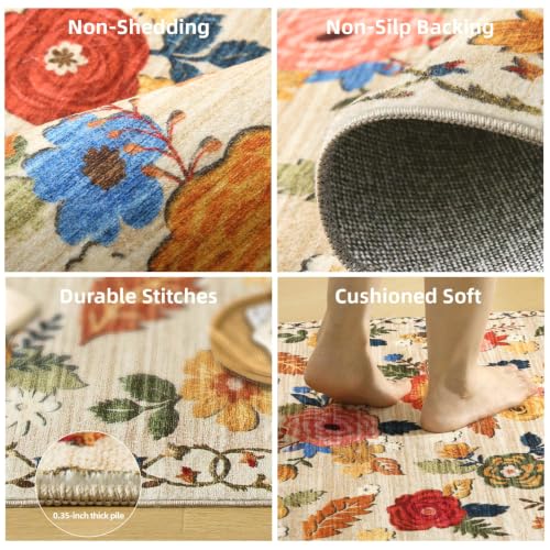 Beige Floral 8x10 Area Rug - Washable Non-Slip Bedroom Living Room Carpet
