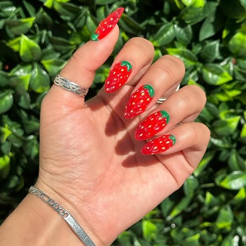 Handcrafted Press On Nails Creative 3D Full-Cover Strawberry Design Fun Fruit Shape 100% Handmade Realistic Artistic Fake Nails Gifts For Women (Strawberry, Medium M)