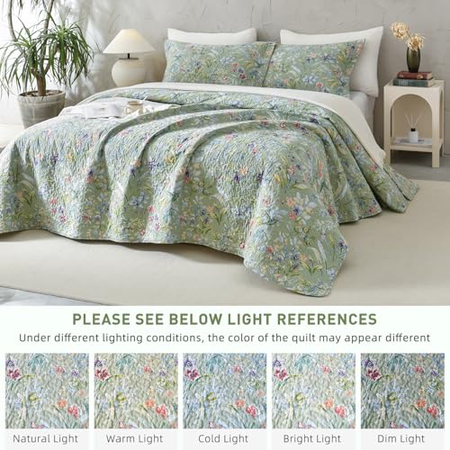 Lady Ann Green Floral Cotton King Quilt Set with Pillow Shams - All Season Botanical Bedding