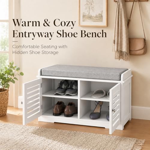 White Shoe Storage Bench with Padded Seat & 2 Doors - Modern Entryway Furniture