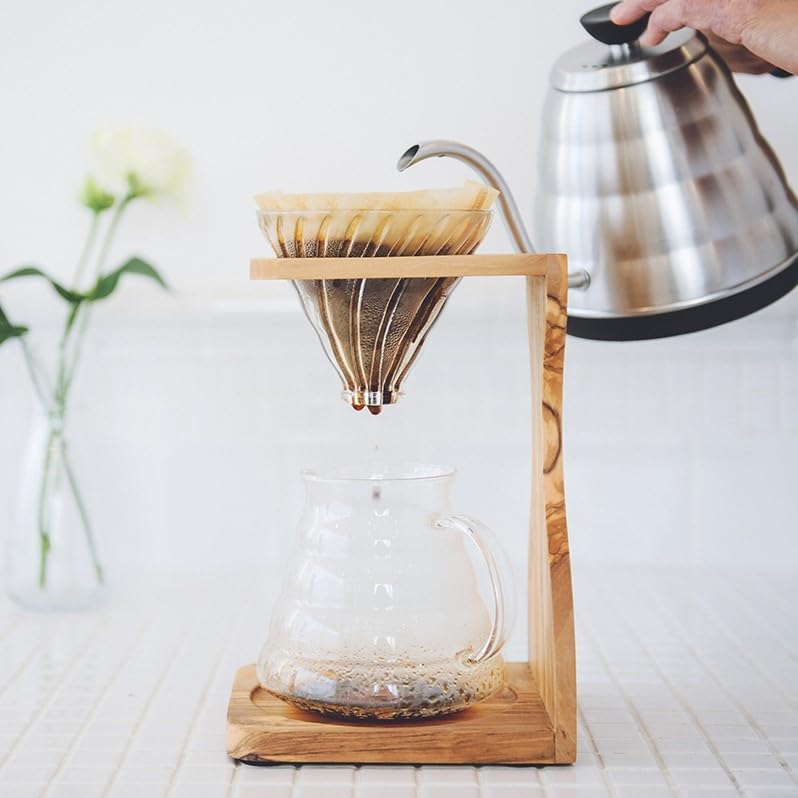 Hario V60 Olive Wood Pour Over Stand Set - 5 Component Coffee Brewer Kit with Filters