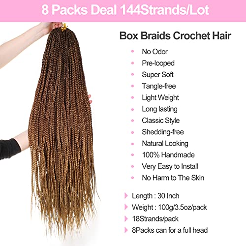 Ombre Knotless Box Braids Crochet Hair 30 Inch - 8 Pack, Medium Length, Pre-Looped, Synthetic Hair for Black Women - Variation 53#
