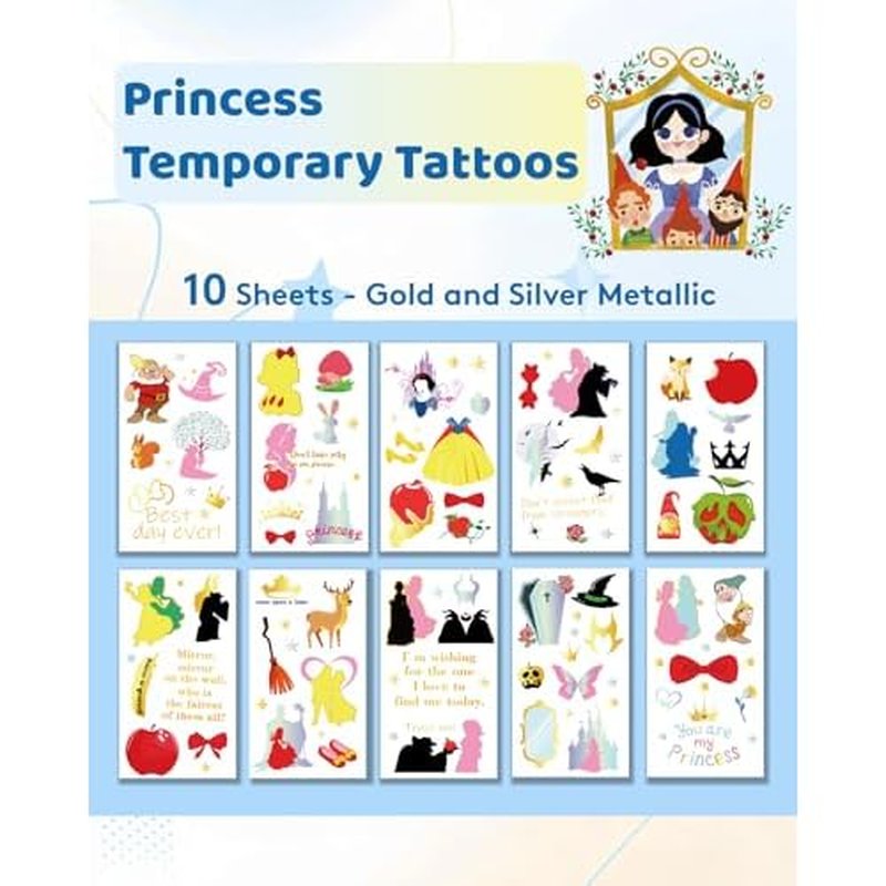 10 Sheets 60 Pcs Snow Princess Metallic Tattoos, Gold Foil Temporary Tattoos Halloween Christmas Party Favors, Holiday Gift Decorations Supplies