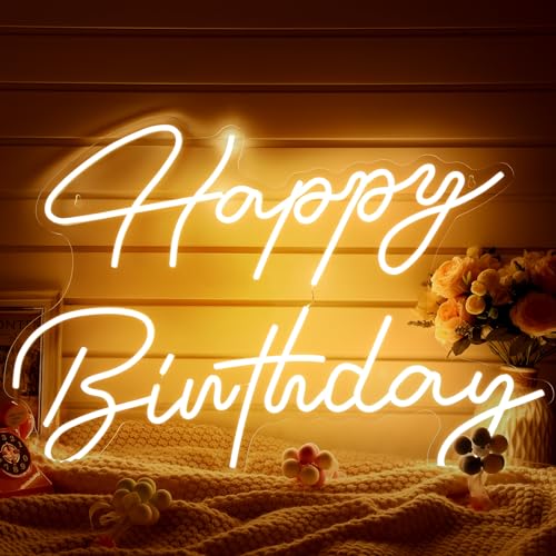 Happy Birthday Neon Sign LED Light - Dimmable Warm White 30x21 Inches - Perfect for Parties & Decor