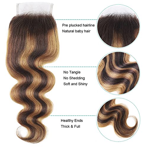 Pre Plucked Lace Closure 18 Inch Brazilian Virgin Human Hair with Baby Hair - Ombre 4/27 Swiss Lace Grade 9A