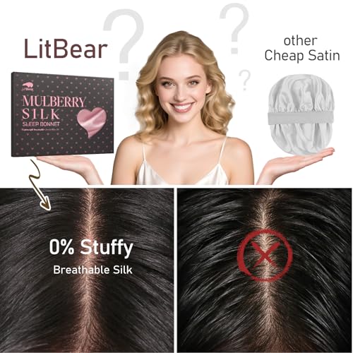 LitBear Pink Mulberry Silk Sleep Bonnet for Women, 22 Momme Hair Wrap with Elastic
