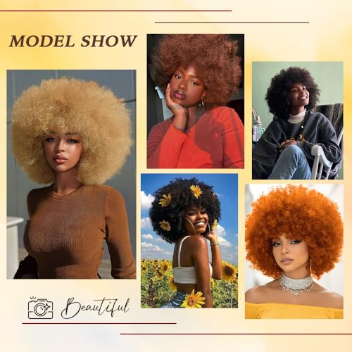 Short Afro Human Hair Wig for Black Women - Honey Blonde 70s Style Curly Wig with Bangs