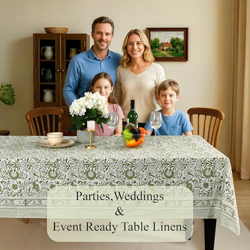 Agate Green Cotton Tablecloth 70x108 Inch Rectangular Hand Block Print